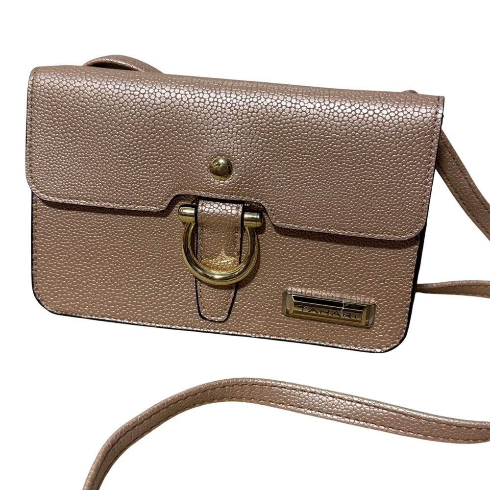 Tahari Rose Gold Metallic Pebbled Crossbody Bag Gold Hardware Flap Closure